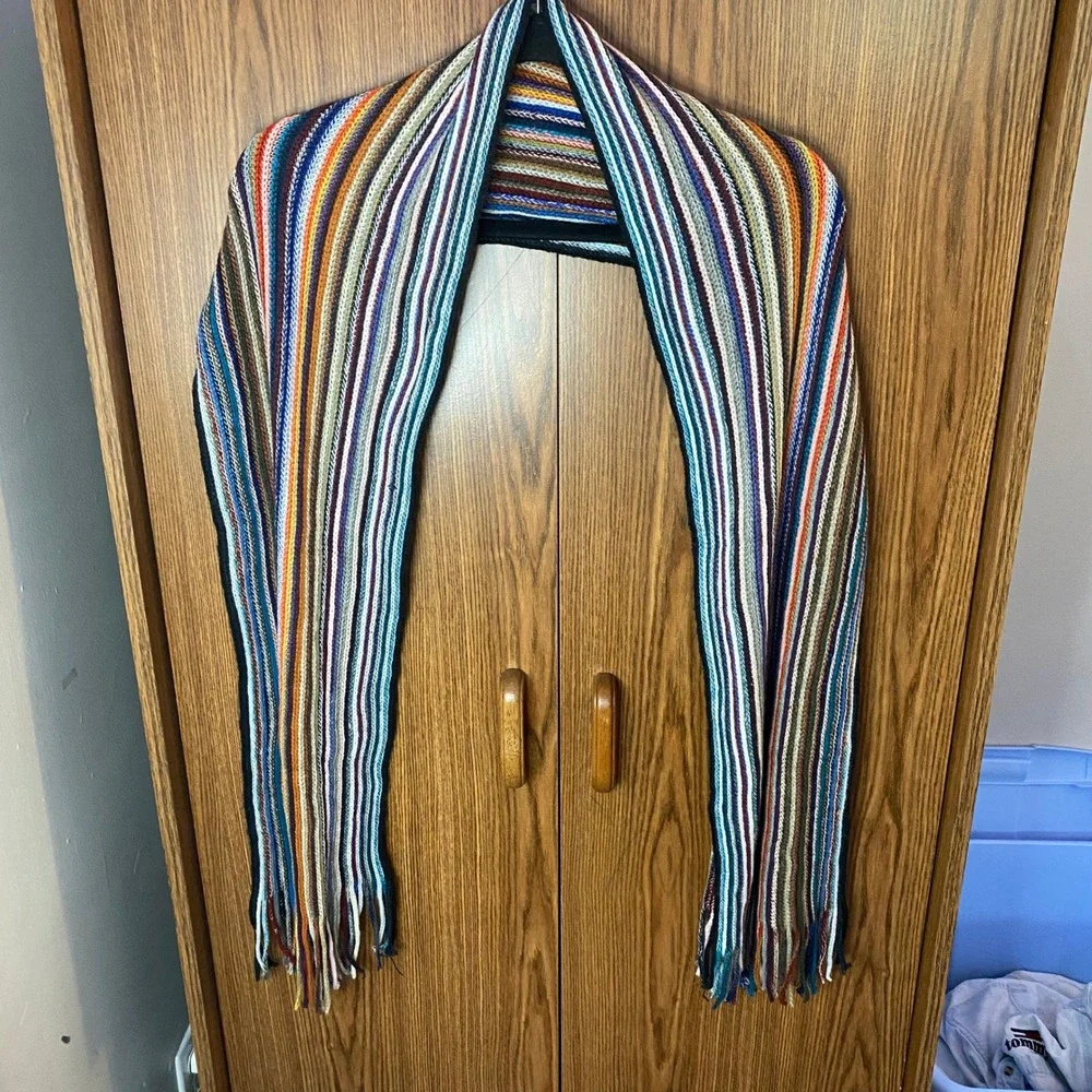 Striped Knit Scarf Unisex OS Multicolor Fringe Boho Eclectic Accessory